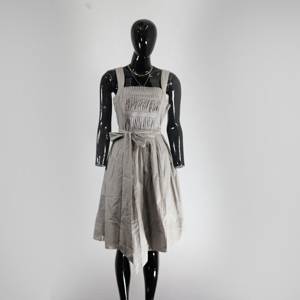 Zara Basic Beige Smocked Midi Dress with Tie Belt
